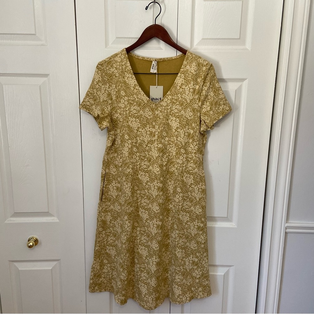 Pact Women's V-Neck Short Sleeve Floral Dress in Mustard - Picture 2 of 8